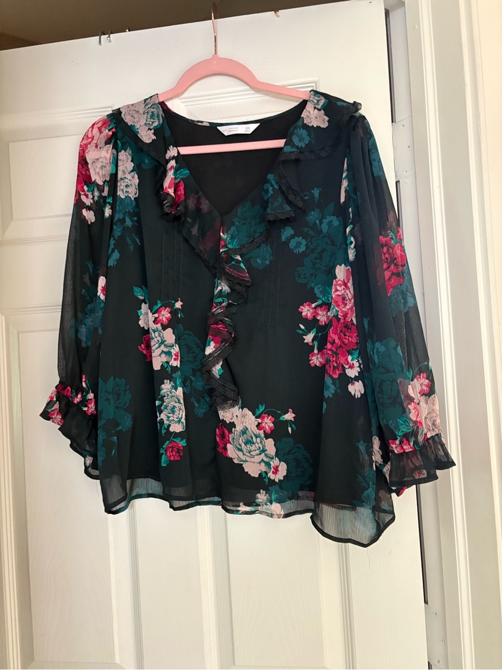 Black Sheer Floral Ruffle V-Neck Blouse